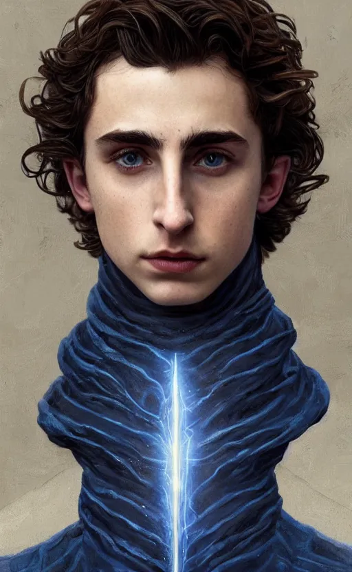 Image similar to beautiful paul atreides timothee chalamet with a three day beard, emperor of the known universe, completely blue eyes, perfect dramatic and dark portrait insanely detailed, concept art, deep focus, intricate, highly detailed, digital painting, artstation, matte, sharp focus, illustration, art by greg rutkowski and alphonse mucha, low angle, dominant eye