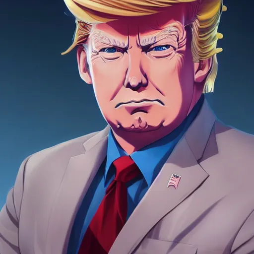 Image similar to anime portrait of Donald Trump as an anime boy by Stanley Artgerm Lau, WLOP, Rossdraws, James Jean, Andrei Riabovitchev, Marc Simonetti, and Sakimichan, trending on artstation