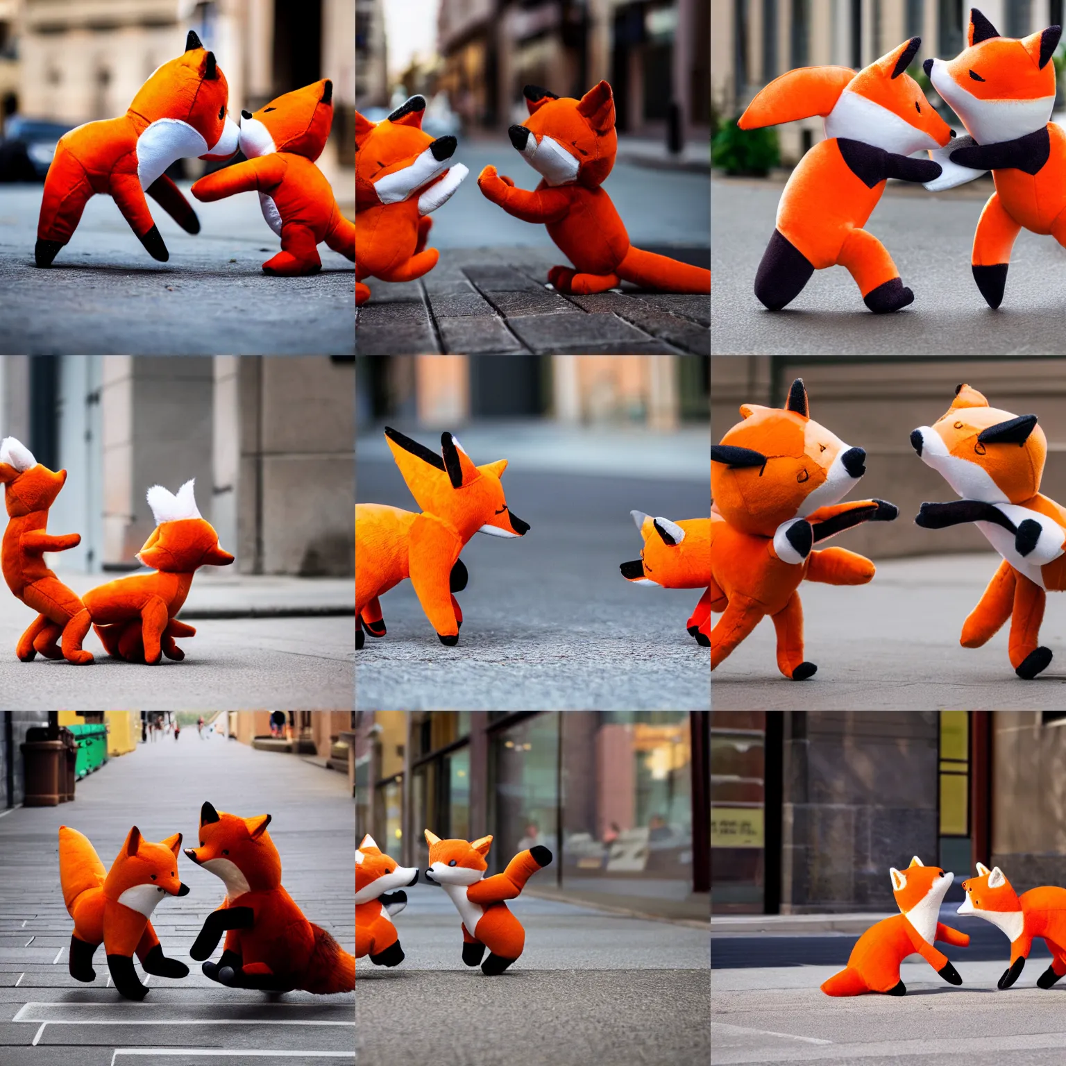 Prompt: Two fox plushies fighting and wrestling on the sidewalk, dynamic, motion blur, 1/4 shutter speed, award winning photography