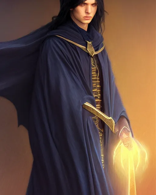 Image similar to tiny male mage at the end of time, long black hair blue eyes wearing cloth mantle gothic navy cloak with gold details, wizard town, fantasy character portrait, ultra realistic, intricate, elegant, cinematic lighting, highly detailed, digital painting, artstation, smooth, sharp, focus, illustration, art by artgerm and greg rutkowski and alphonse mucha