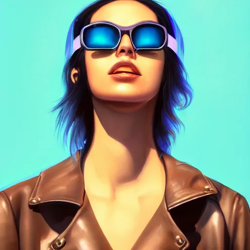 Prompt: closeup painting of a very beautiful young mexican cyberpunk woman with a smirk, wearing light blue shutter shades and a dark brown leather jacket, one side haircut, long brown hair with light blue ends, portrait, hyperdetailed, artstation, cgsociety, 8 k, synthwave by tangerine dream