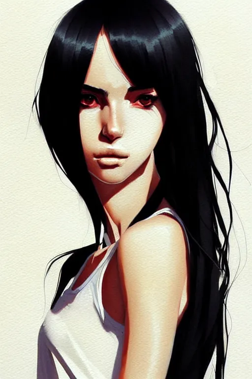 Prompt: a ultradetailed beautiful painting of a stylish woman with a white tank top, she has black hair with bangs, by conrad roset, greg rutkowski and makoto shinkai trending on artstation