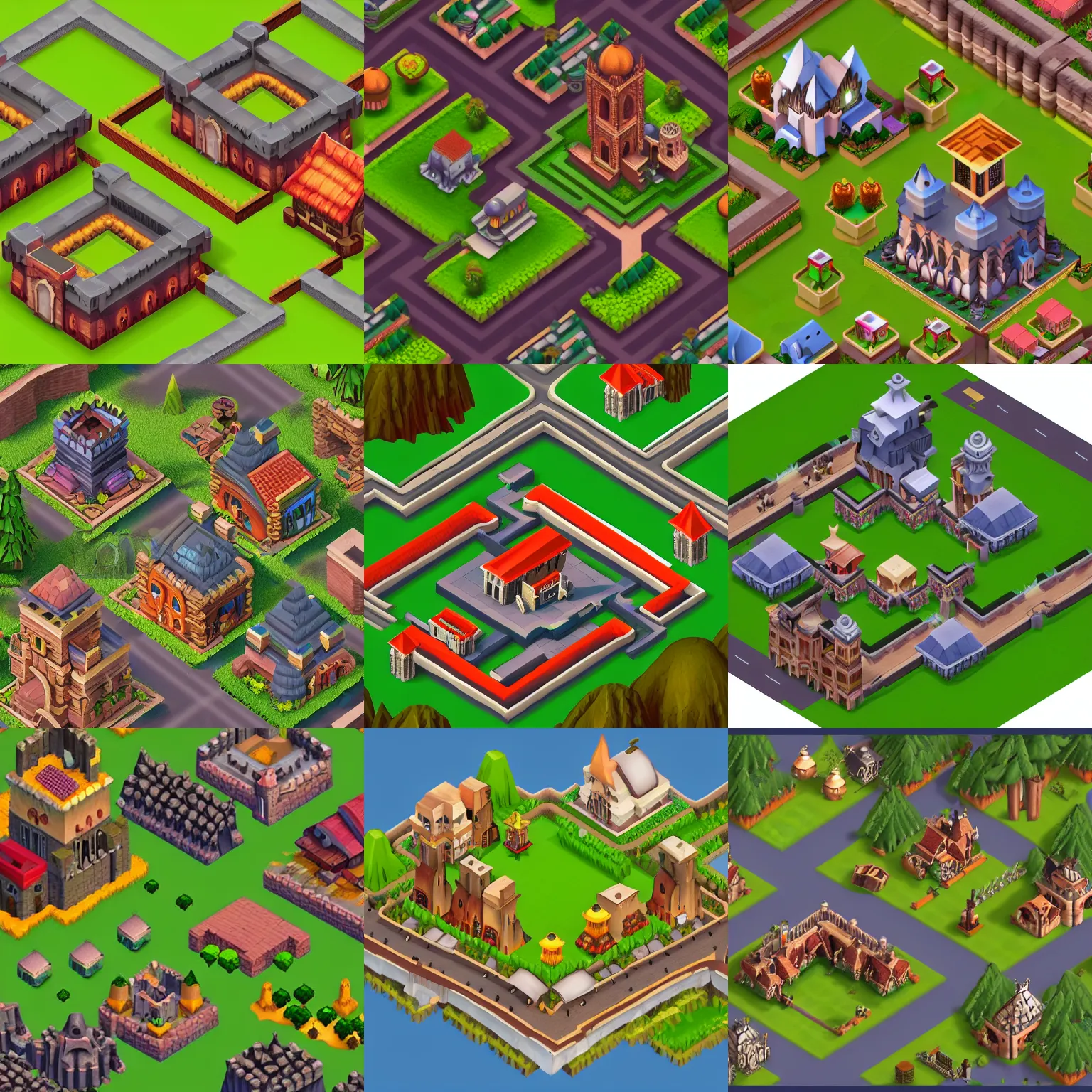 Prompt: isometric view of gothic town in the middle of the forest, clash of clans style, game dev art