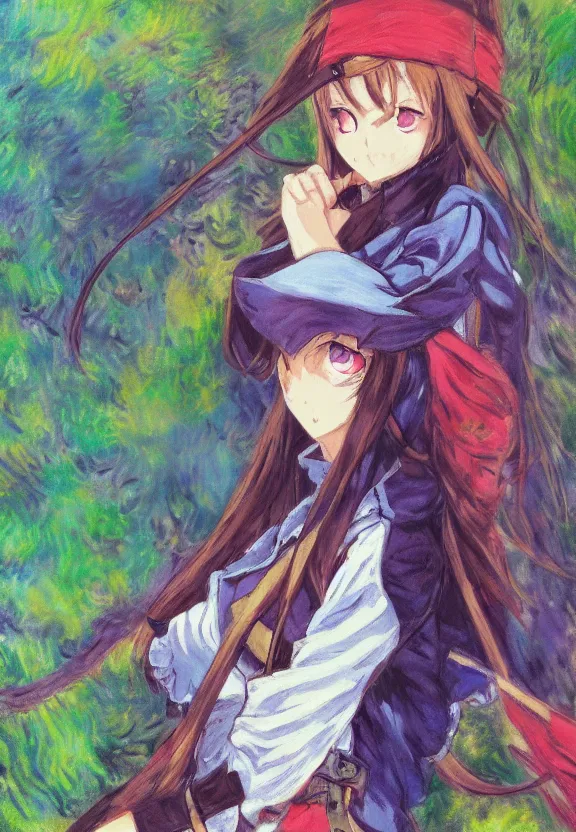 Image similar to wide angle painting of a teenage pirate girl, a thrifty uniform, somewhat of an anime in impressionist style, fantasy forest background, trending artwork, illustrated in anime painter studio, by claude monet and an anime artist, collaboration