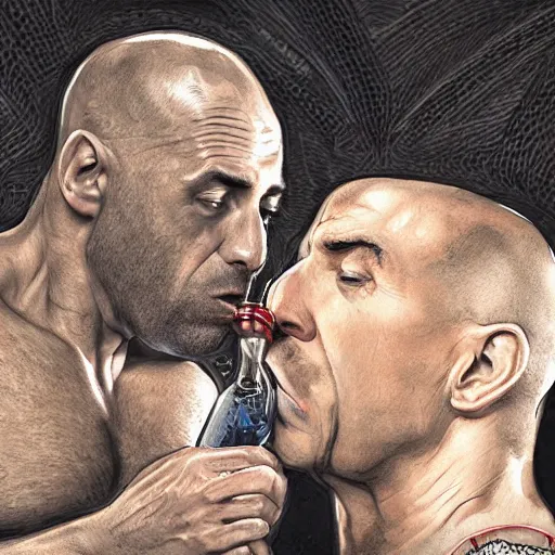Prompt: Joe Rogan and Howard Stern kissing, intricate, highly detailed, concept art, smooth, sharp focus, illustration, medium shot, mid-shot