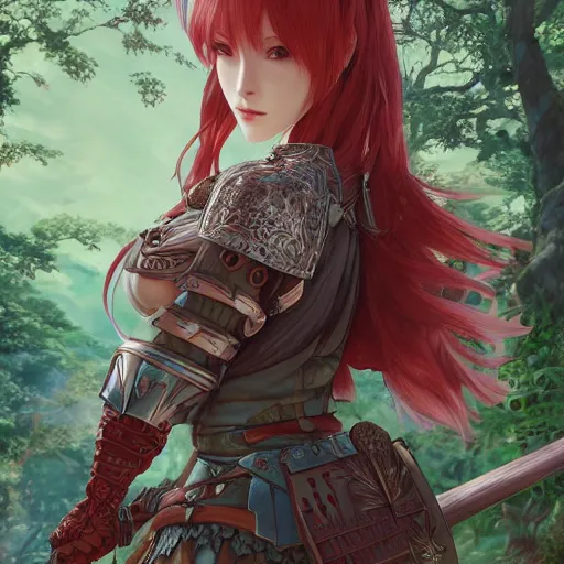 Prompt: a red haired female knight as an absurdly beautiful, elegant, young sensual anime girl, forest background, ultrafine hyperrealistic detailed face illustration by kim jung gi, irakli nadar, intricate linework, sharp focus, bright colors, matte, octopath traveler, final fantasy, unreal engine highly rendered, global illumination, radiant light, intricate environment