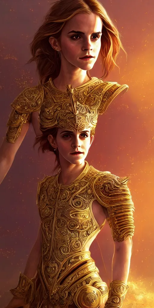 Prompt: portrait of emma watson as knights of zodiac girl, golden and copper shining armor, in ruined agora of athens sunrise, ssci - fi and fantasy, intricate and very very beautiful and elegant, highly detailed, digital painting, artstation, concept art, smooth and sharp focus, illustration, art by ilya kuvshinov and tian zi and wlop and z - - ed