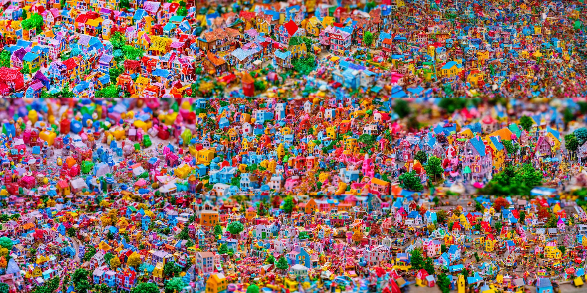 Prompt: tilt - shift photograph of a village made of candy, whimsical, joyful, colorful, vibrant,