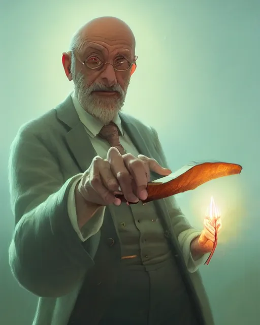 Image similar to highly detailed vfx portrait of an old and tired beppe hrillo casting a light spell, unreal engine, greg rutkowski, loish, rhads, beeple, makoto shinkai and lois van baarle, ilya kuvshinov, rossdraws, tom bagshaw, alphonse mucha, global illumination, detailed and intricate environment