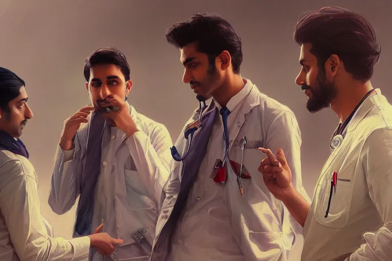 Prompt: Depressed good looking pale young Indian doctors wearing American clothes chatting at the airport, portrait, elegant, intricate, digital painting, artstation, concept art, smooth, sharp focus, illustration, art by artgerm and greg rutkowski and alphonse mucha