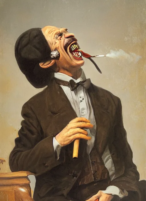 Image similar to Portrait of Duncan Trussel laughing demonically while smoking a pipe. Disturbing