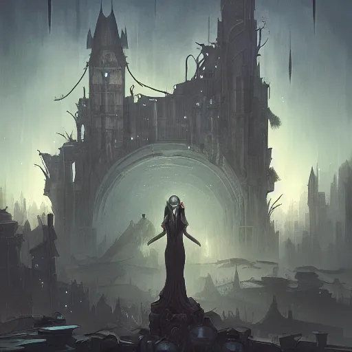 Image similar to a detailed illustration of a weeping woman against the background of a ravaged city and a dark moonlit sky, artstation, by Peter Mohrbacher, Art Nouveau, sophisticated, Unreal engine, dystopia, anti-utopia, post processing, nostalgic melancholic artwork, intricate