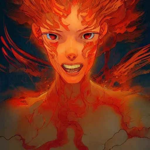 Image similar to prompt : flames portrait soft light painted by james jean and katsuhiro otomo and erik jones, inspired by evangeleon anime, smooth face feature, intricate oil painting, high detail illustration, sharp high detail, manga and anime 1 9 9 9