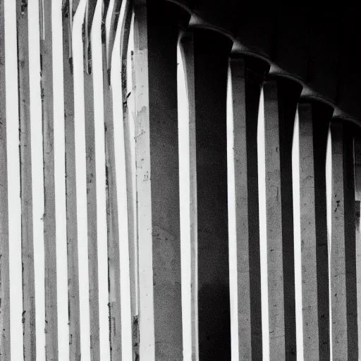 Prompt: black and white security camera image of a black silhouette of a figure caught in an abandoned brutalism structure