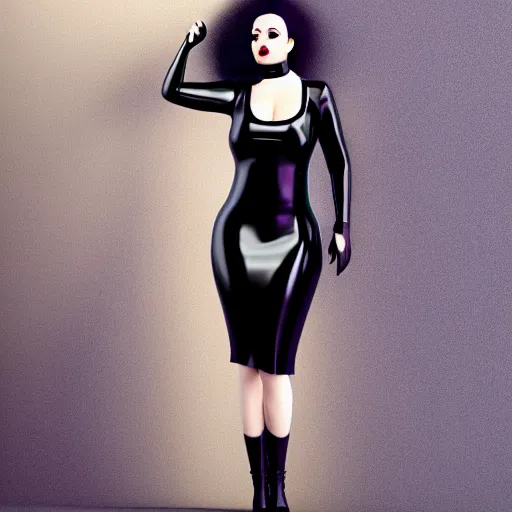 Image similar to a curvy pale goth woman wearing an elegant tight shiny dark latex high-neck dress, cgsociety, photorealistic, sublime-cool-hot-hyperadvanced, 16k, smooth, sharp focus, trending on ArtStation, volumetric lighting, fully clothed, thin waist