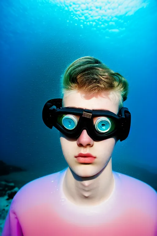 Image similar to high quality pastel coloured film mid angle portrait photograph of a beautiful young 2 0 year old male, soft features, short hair, rubber goggles and oversized inflated clothing!!!! icelandic black! rock pool environment. atmospheric three point light. photographic. art directed. ( pastel colours ). volumetric. clearcoat. waves. 8 k. filmic.