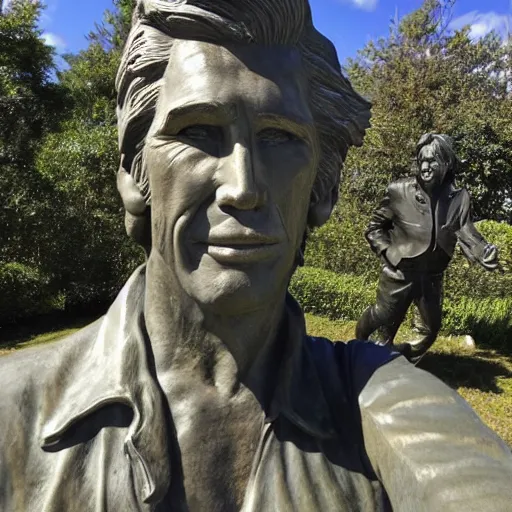 Prompt: roger waters takes selfie with eastern island statue, realistic, hdr, clear image, hdd, dynamic lighting, rtx on,
