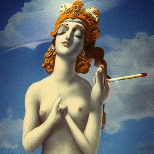 Prompt: goddess smoking a cigarette in the clouds