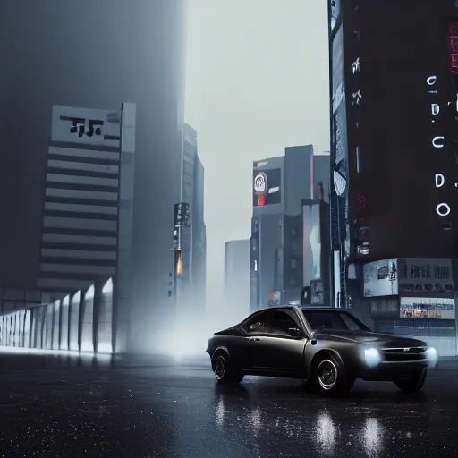 Prompt: a matte black chevrolet opala parked in the middle of tokyo during a heavy rain, synthwave, hyperrealistic, concept art, octane render, unreal engine 5, trending on artstation, high quality, highly detailed, 8 k, dramatic lighting, cinematic, high coherence, symmetrical, high contrast, masterpiece, digital art, high definition, path traced