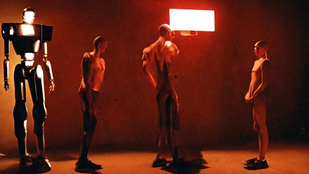 Prompt: movie scene of a man and a robot having a moment of jealousy, movie still, cinematic composition, cinematic light, by david lynch and gaspar noe