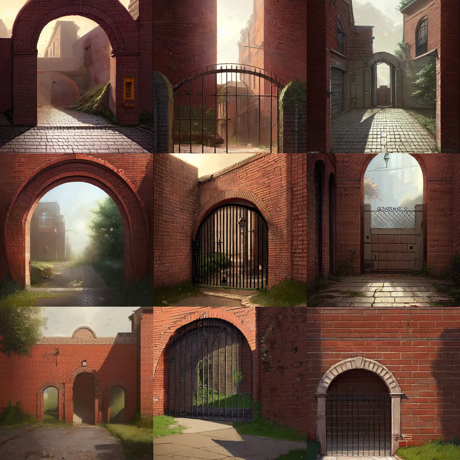 Prompt: brick wall with a circular gate that leads to a suburban street. framed, centralized urban fantasy, high detailed digital art trending in artstation. artist greg rutkowski