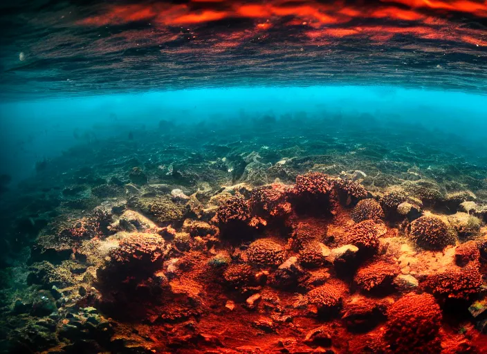 Image similar to a photo of a a vast underwater with a tiny cyborg in the center. Cinematic post-processing. Award winning
