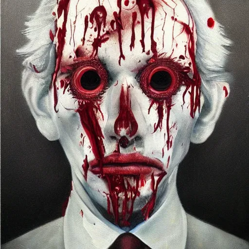 Prompt: a painting of a man with blood on his face, a surrealist painting by Brian Despain, trending on cgsociety, neo-figurative, dystopian art, macabre, cosmic horror