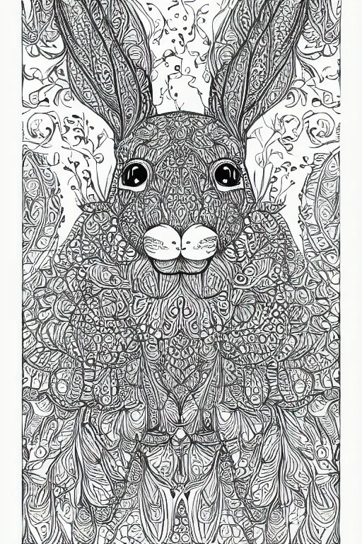 Prompt: bunny, ornaments, fractal, ink drawing, line art colouring page