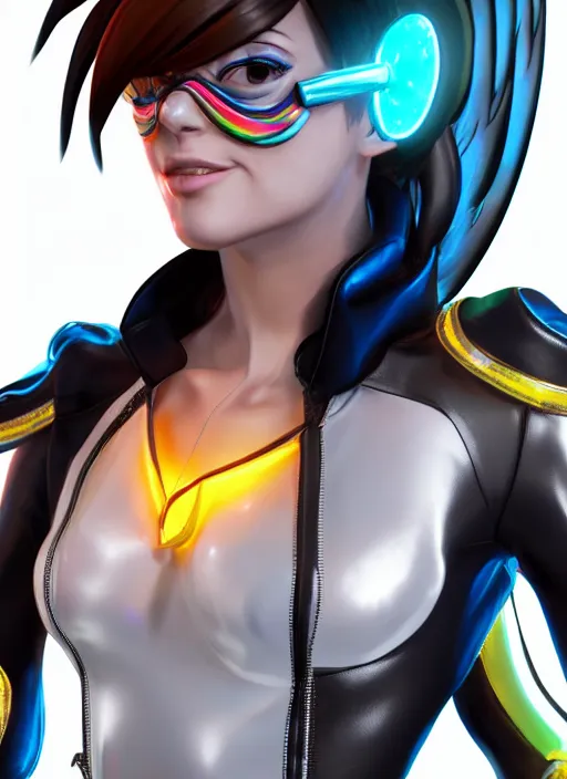Image similar to portrait bust digital artwork of tracer overwatch, wearing white iridescent rainbow latex and leather straps catsuit outfit, 4 k, expressive happy smug expression, makeup, in style of mark arian, angel wings, wearing detailed black leather collar, chains, black leather harness, detailed face and eyes,