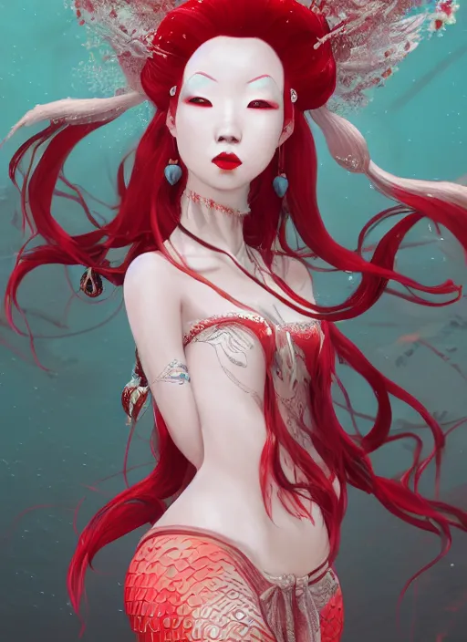 Prompt: albino maiko as a mermaid, fluent composition, red and white neon, concept art, ambient light, 4 k, intricate details, highly professionally detailed, cgsociety, highly detailed -