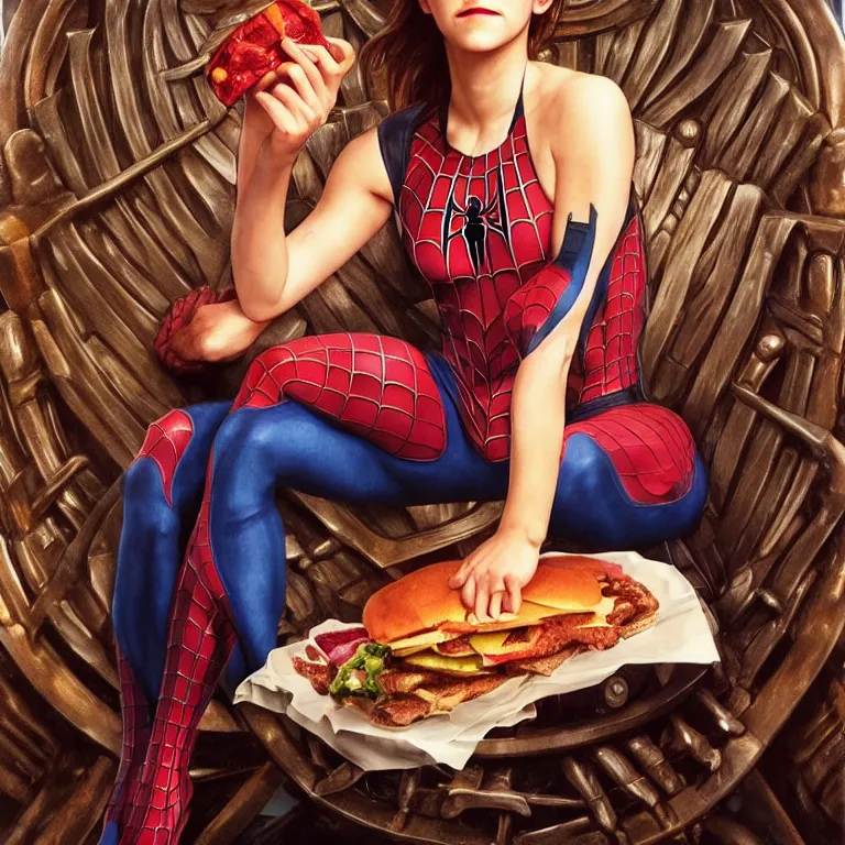 Prompt: emma watson in a spiderman suit sitting on the iron throne, eating a hamburger, gentle expression, elegant clothing, photorealistic, highly detailed, artstation, smooth, sharp focus, art by michael whelan, artgerm, greg rutkowski and alphonse mucha