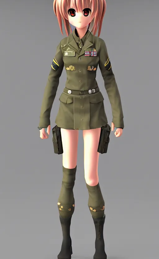 Image similar to Anime girl figure in militar uniform, unreal engine, highly detailed.