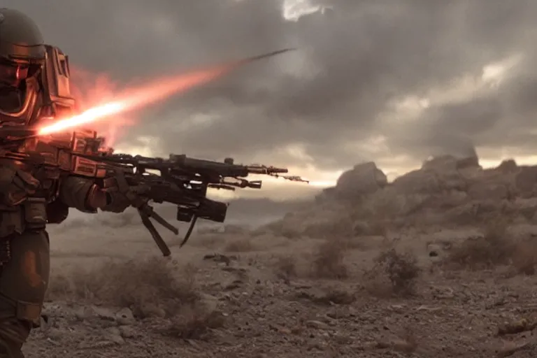 Image similar to VFX movie of a futuristic spacemarine in war zone, shooting gun natural lighting by Emmanuel Lubezki