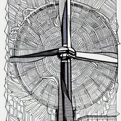 Image similar to Simplistic coloring book of a wind turbine blueprint, black ball pen on white paper, by Josan Gonzalez and Geof Darrow