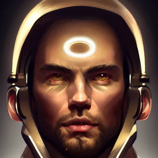 Image similar to portrait of a confident modern god, technology, in modern era, upper body, D&D, intricate, cinematic lighting, highly detailed, digital painting, artstation, concept art, smooth, sharp focus, illustration, art by Artgerm and Greg Rutkowski