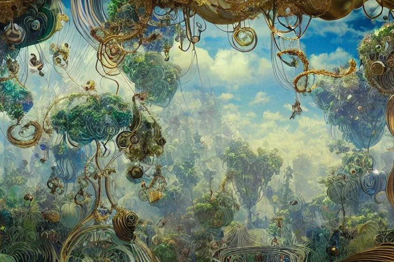 Image similar to simplicity, a huge flock of many ornate mottled puffy filigreed clouds tangled into large whirling ultra detailed crystal specimens, art nouveau jungle environment, playful, award winning art, epic dreamlike fantasy landscape, ultra realistic,