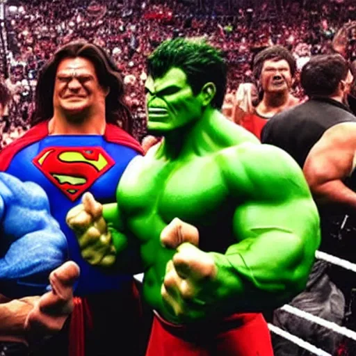 Image similar to supermen and hulk at WWE