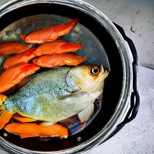 Image similar to a fish on the top of a pile of fish, inside a cooking pot