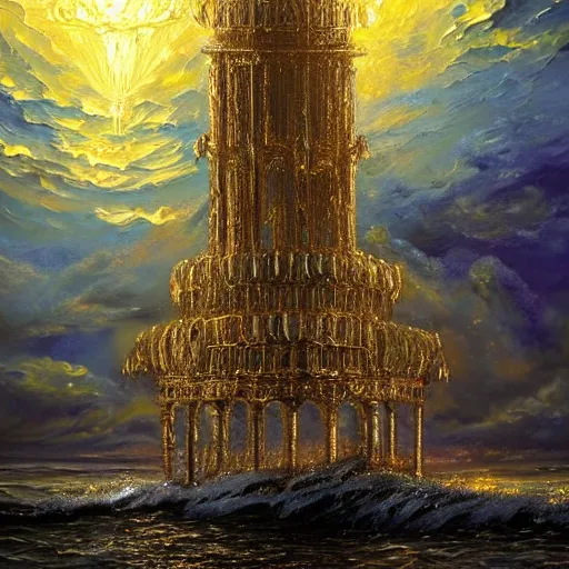 Prompt: distant view of a delicate ornate sparkling gold fantasy tower splashes upwards from a stormy ocean shimmering in the sunlight, dramatic lighting, rich colors, beautiful oil painting, artstation