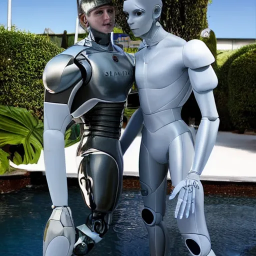 Prompt: by the pool, shiny skin, a realistic detailed photo of a guy who is an attractive humanoid who is half robot and half humanoid, showing off his muscles, twitch streamer / gamer ludwig, humanoid robot, who is a male android, on display, frozen ice statue, posing like a statue, made of ice, blank stare