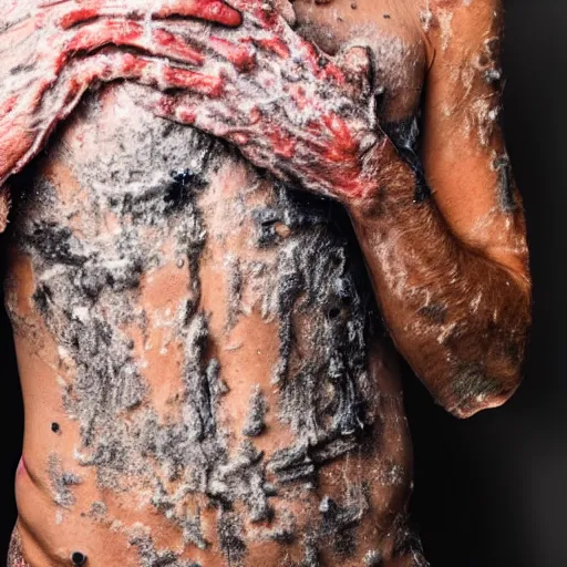 Image similar to ultra detailed photo of a man with many moldy arms covering his entire body
