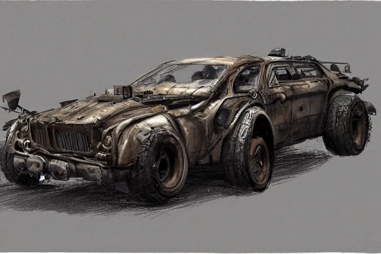 Prompt: Concept art of a mad max wedge car. Dieselpunk