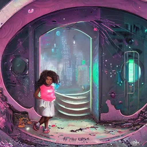 Image similar to a little black girl on a dilapidated sidewalk looking through a dirty graffiti wall into a round portal. inside the portal is a beautiful vaporwave cosmic futuristic city, illustration, intricate details, highly detailed, fantasy art style, art by john collier and albert aublet and krenz cushart