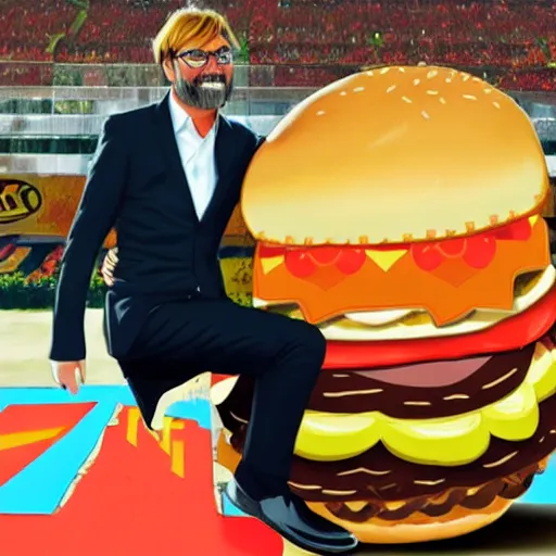 Image similar to jurgen klopp proposing to a giant hamburger, down on one knee, manga, anime