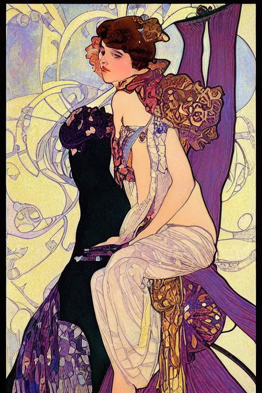 Prompt: art nouveau portrait en buste of flapper girl annasophia robb by Alphonse Mucha, by Aubrey Beardsley, by Gustav Klimt, by Maxfield Parrish, by Gerda Wegener, by Henri de Toulouse-Lautrec, bold moody colors, flamboyant clothes, bright gothic, roaring twenties