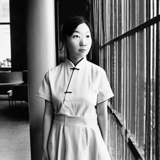 Image similar to photorealistic photo of a chinese canadian girl elisa lam wearing a everyday dress at the cecil hotel in los angeles