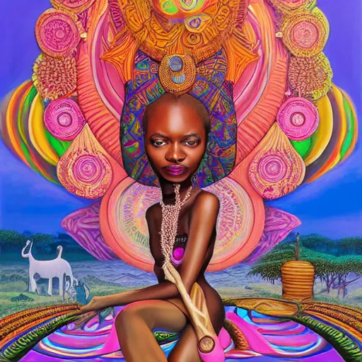 Image similar to a regal and elegant african queen with a colorful afro sitting in a cabana on top of an extremely large steampunk elephant near a pink lake with a large glowing baobab tree, by amanda sage and alex grey in a surreal psychedelic style, oil on canvas 8k, hd