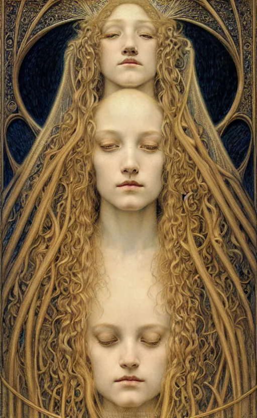 Image similar to detailed realistic beautiful young medieval queen face portrait by jean delville, gustave dore and marco mazzoni, art nouveau, symbolist, visionary, gothic, pre - raphaelite. horizontal symmetry