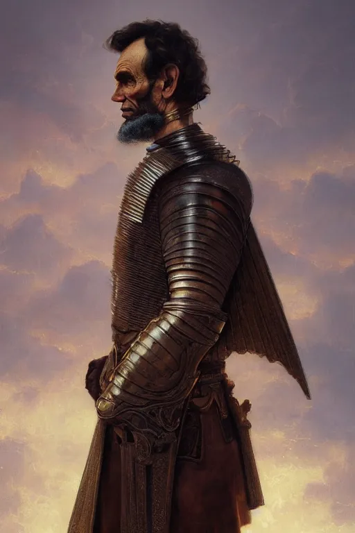 Prompt: breathtaking soft painting of abraham lincoln with an intricate knight armor in a golden sky, books flying around, realistic symmetrical face features, rembrandt style, elegant, highly detailed, artstation, concept art, matte, sharp focus, art by tom bagshaw, goya and greg rutkowski