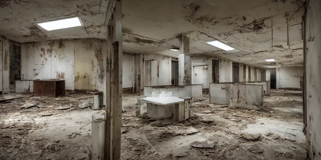 Prompt: abandoned research facility with a huge very complex machine with a door in the middle, brown stains on the walls, no windows, dimly lit with fluorescent lamps, dark, eerie, horror, realistic